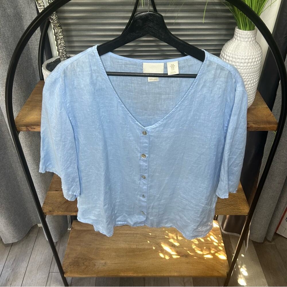 Cynthia Rowley Linen flowy Light Blue Button-Front Short Sleeve Top. Women’s M